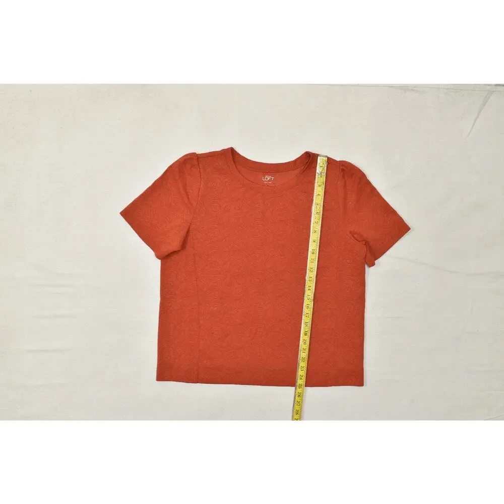 LOFT Women's XL Burnt Orange Textured Puff Sleeve Crew Neck Knit Top